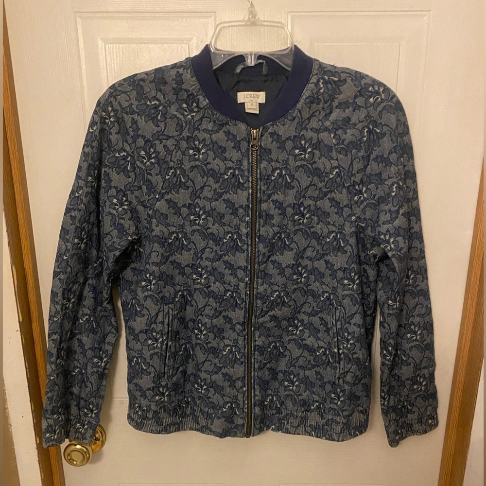 J. Crew Navy Floral Jacquard Zip Bomber Jacket